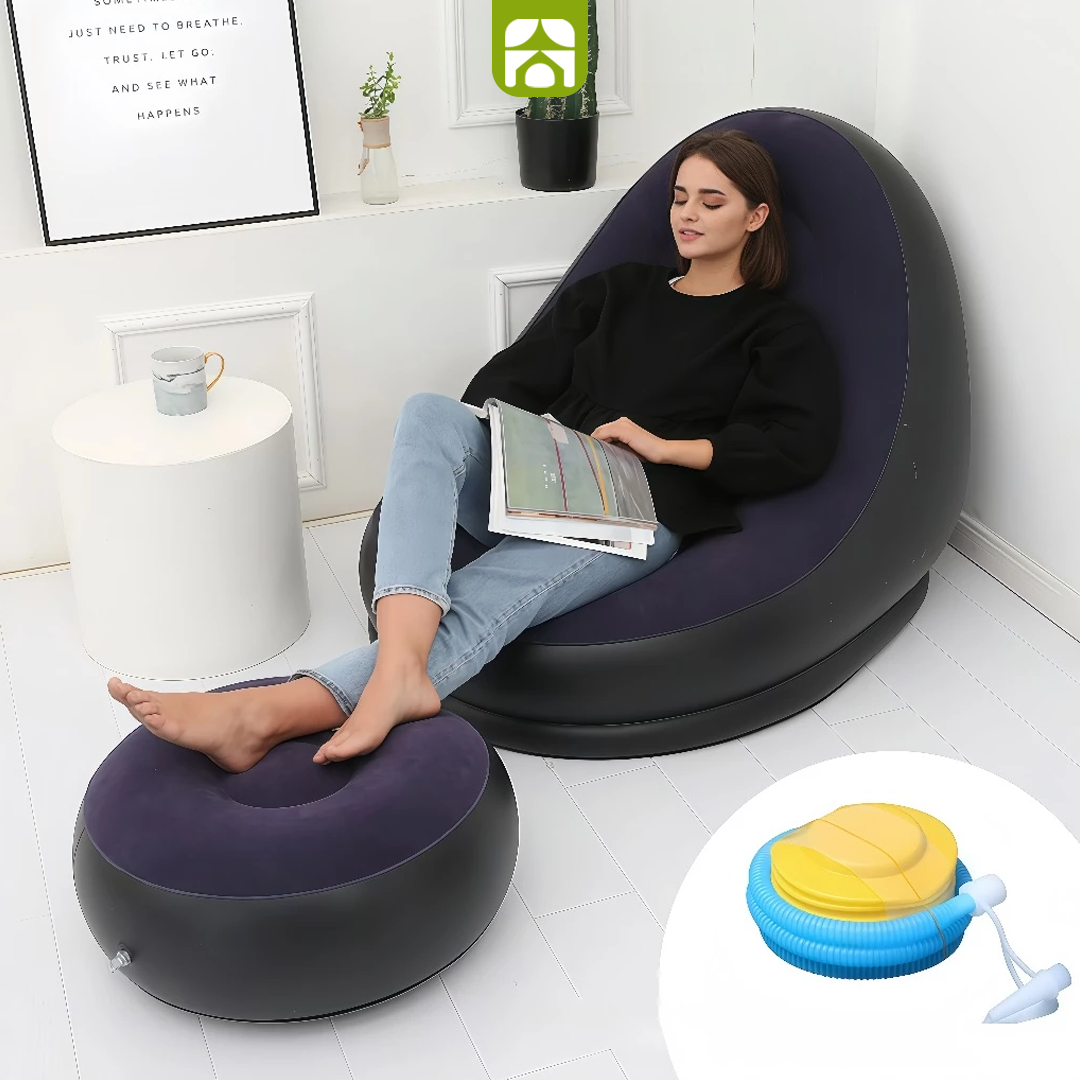 Conjunto Poltrona Inflável com Puff + Bomba de Ar Elétrica de Brinde