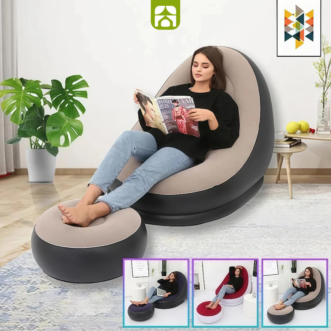 Conjunto Poltrona Inflável com Puff + Bomba de Ar Elétrica de Brinde