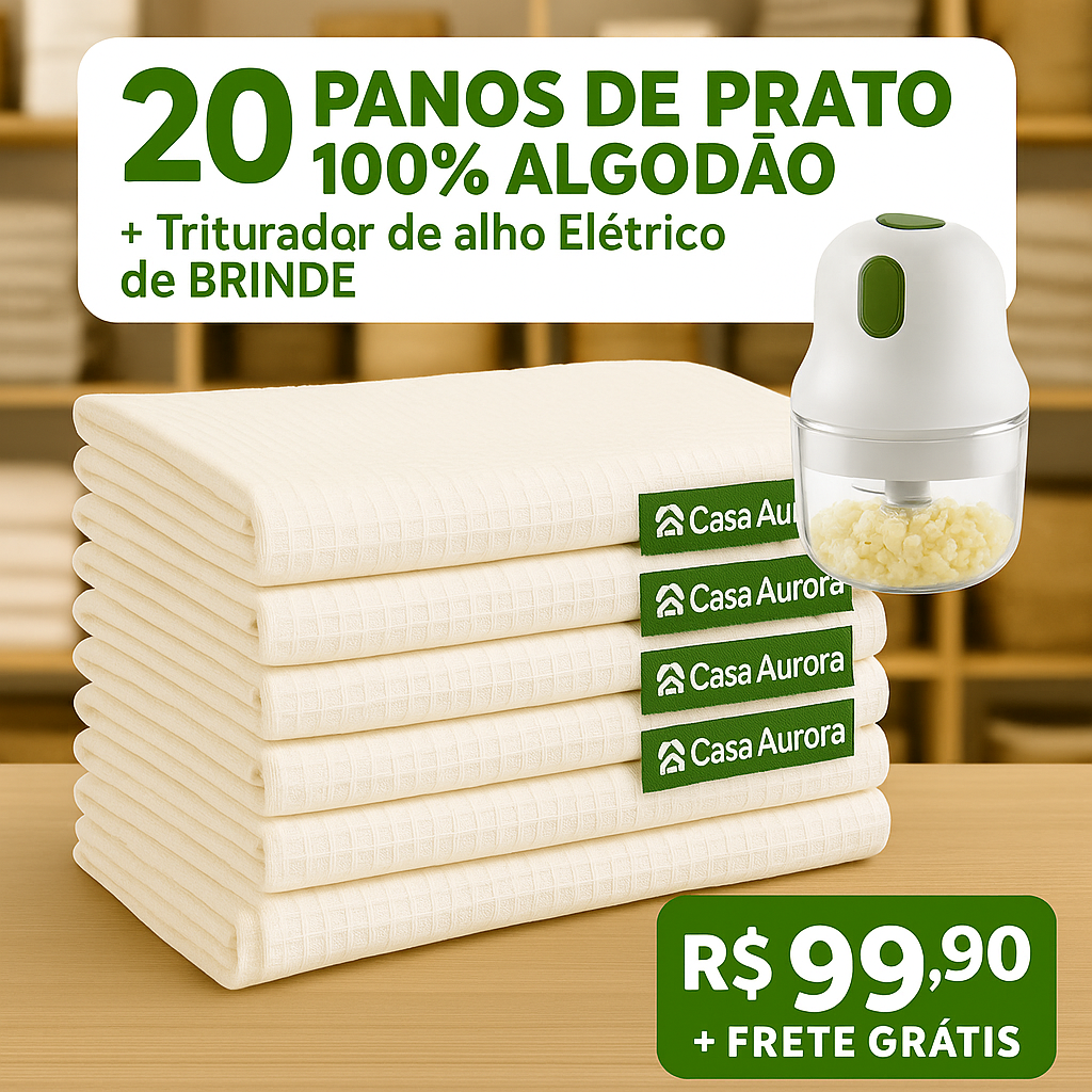 Kit com 20 Panos de Pratos 100% Algodão + Triturador De Alho Elétrico de BRINDE