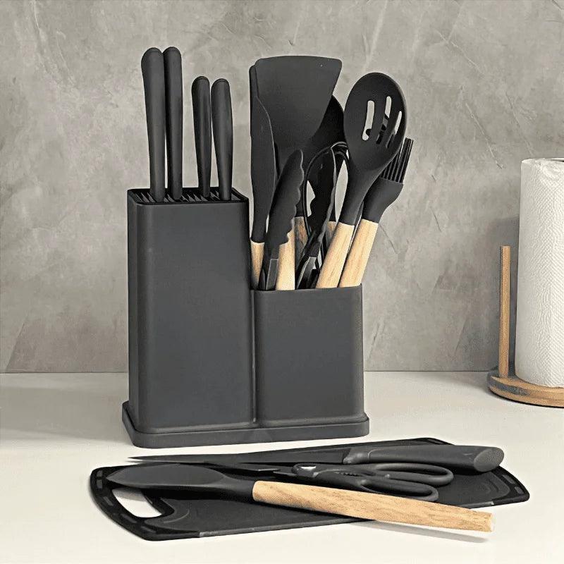 Kit 19 Peças Utensílios de Cozinha com Tábua — Silicone Premium, Não Risca e Resiste a Altas Temperaturas