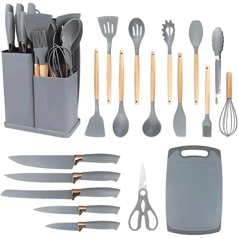Kit 19 Peças Utensílios de Cozinha com Tábua — Silicone Premium, Não Risca e Resiste a Altas Temperaturas