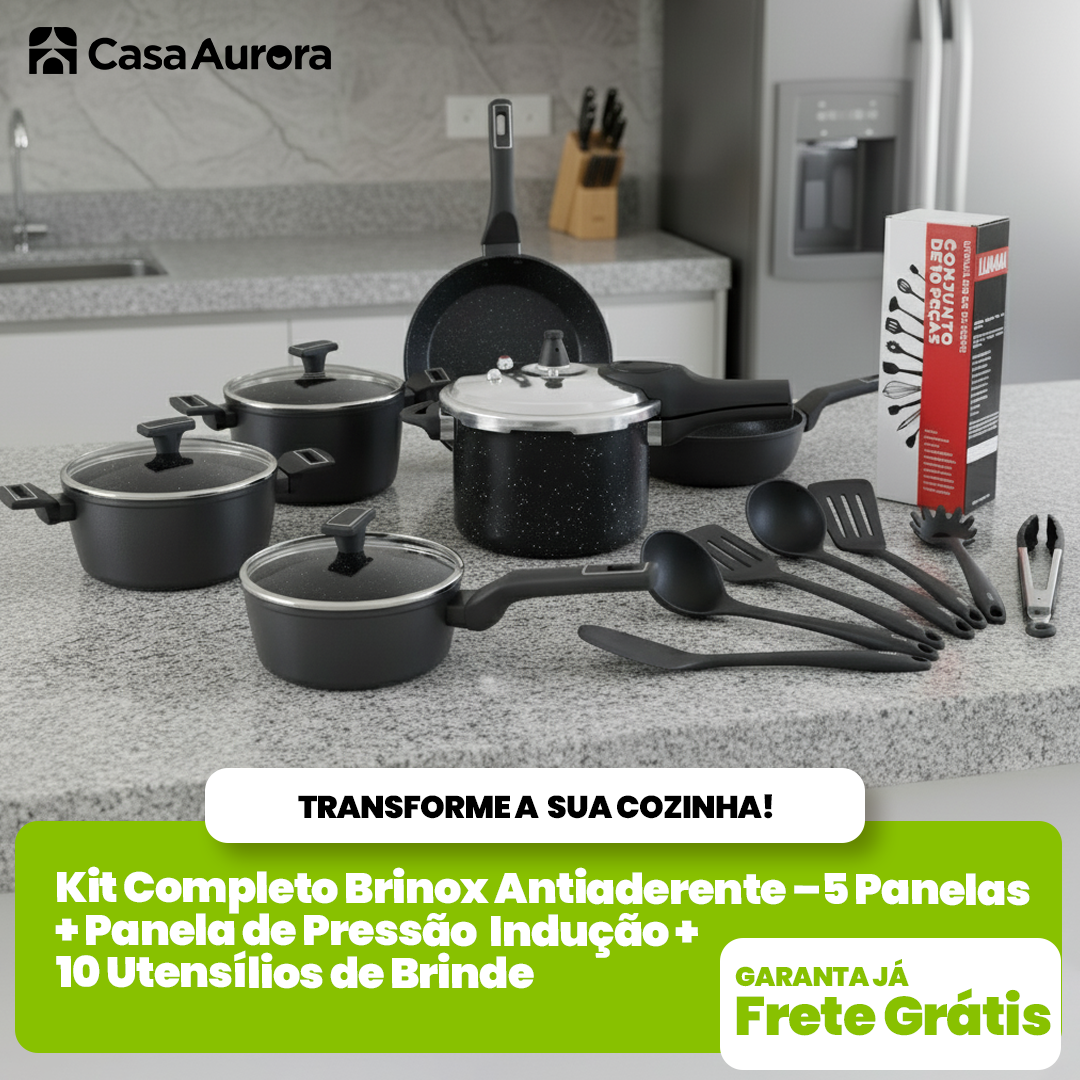 Kit Completo Antiaderente – 5 Panelas + Panela de Pressão Indução + 10 Utensílios de Brinde