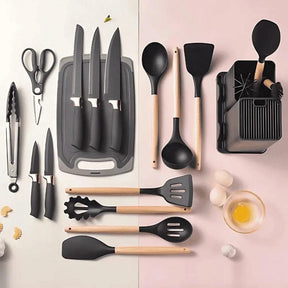Kit 19 Peças Utensílios de Cozinha com Tábua — Silicone Premium, Não Risca e Resiste a Altas Temperaturas